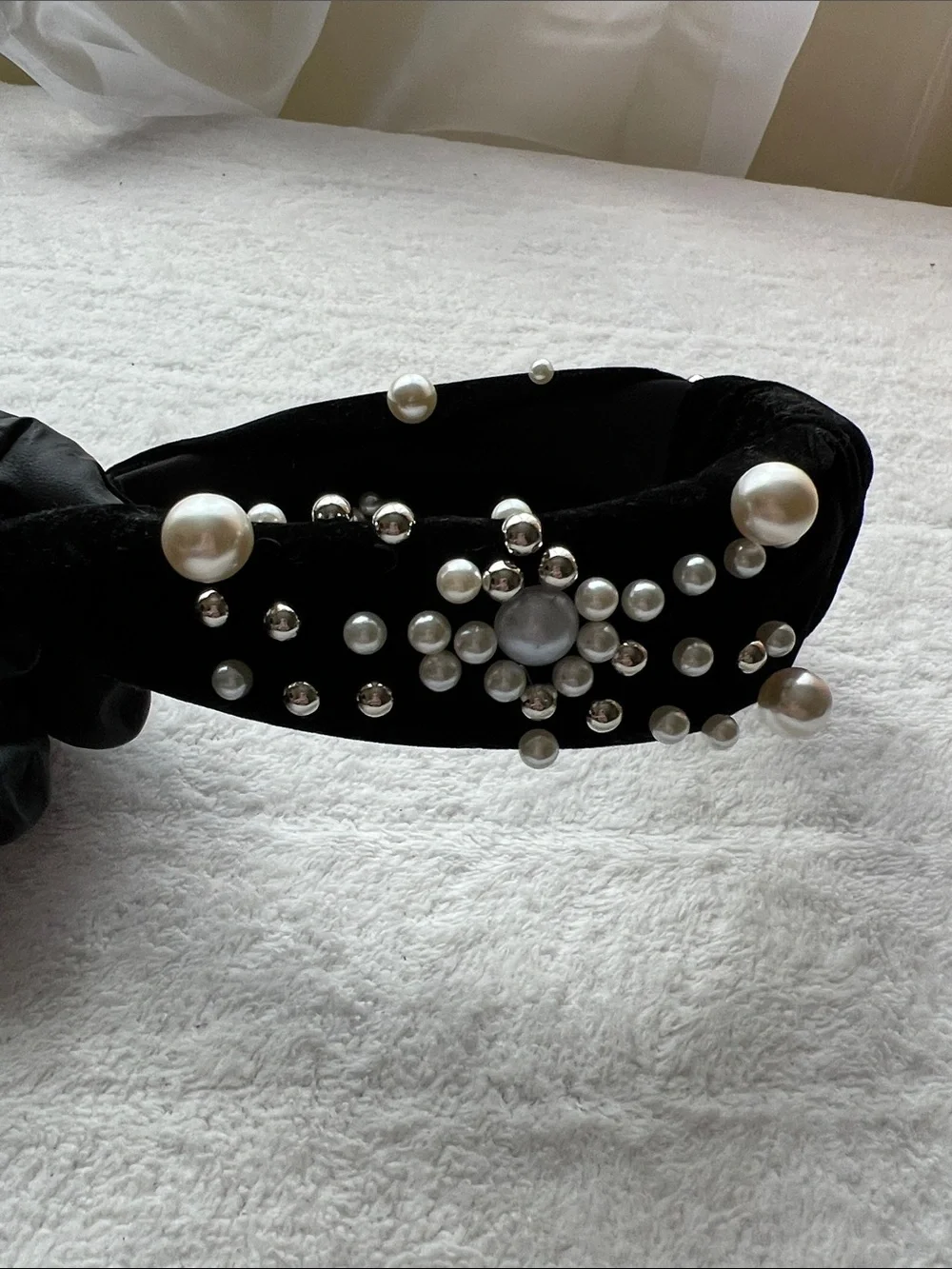 Natasha Couture Black Velvet Pearl Rhinestone Knotted Headband Embellished